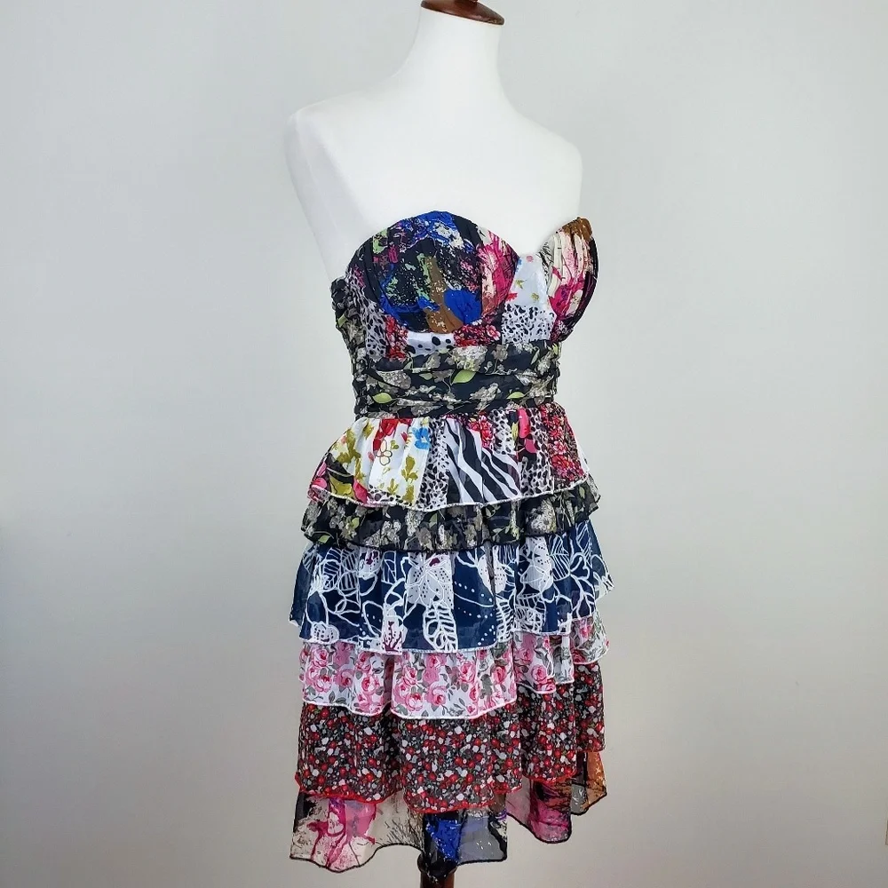 Kitty Mixed Floral Tiered Ruffle Strapless Dress - Picture 6 of 8
